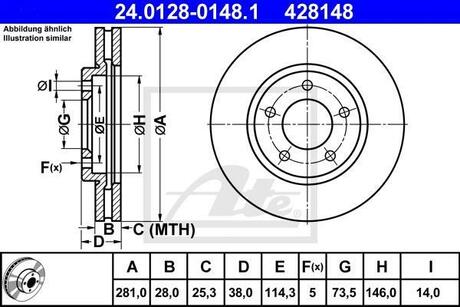 24.0128-0148.1 ATE Диск тормозной передн, CHRYSLER: VOYAGER IV 2.4/2.5 CRD/2.8 CRD/3.3/3.3 AWD/3.3 Flex-Fuel/3.8/3.8 AWD 00-08