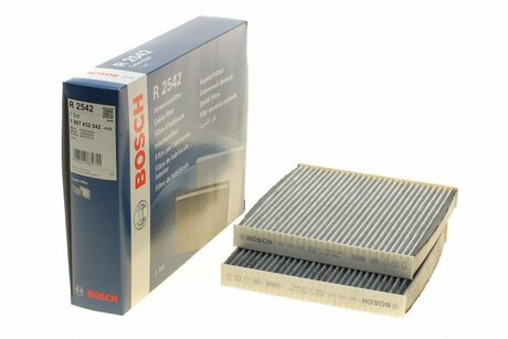 1987432542 BOSCH Фильтр салона угольный (комплект из 2-ух штук). BMW: X3 (F25) 2.0i/2.0D/3.0i/3.0D/sDrive/xDrive 10-, X4 (F26) 2.0i/2.0D/3.0i/3.0D/M/xDrive 14-