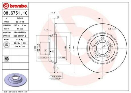 08.6751.10 BREMBO Диск тормозной передний (не вент.) AUDI A4 1.6 (11.94-9.97),AUDI A4 Diesel 1.9 (96-9.97) (кол-во в уп. 2) (280X13X5)