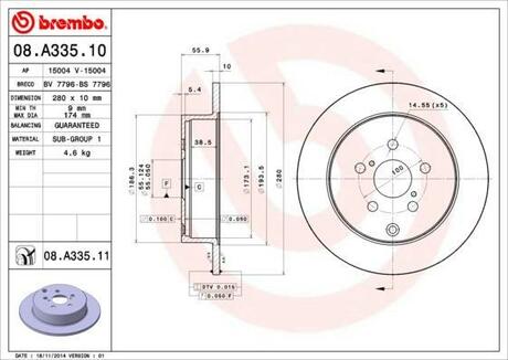 08.A335.10 BREMBO Диск тормозной задн, TOYOTA: AVENSIS 1.6 VVT-i/1.8/2.0/2.0 D-4D/2.2 TD/2.4 03-08, AVENSIS 1.6 VVT-i/1.8/2.0/2.0 D-4D/2.0 VVTi/2.2 TD/2.4 03-08, AVENSIS 1.6 VVT-i/1.8