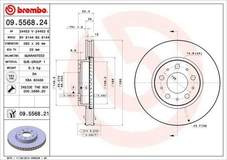 09.5568.21 BREMBO Диск тормозной передн, VOLVO: 850 2.0/2.0 Turbo/2.3/2.3 T5/2.3 T5 R/2.3 T5-R/2.3 Turbo R/2.4 GLE/2.5/2.5 TDI 91-97, 850 2.0/2.0 Turbo/2.3/2.3 T5/2.3 T5 R/2.3 T5-R/2.