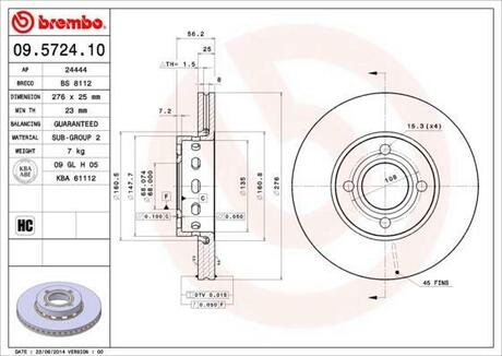 09.5724.10 BREMBO Диск тормозной передний (вент.) AUDI 80 (B4) 2.8E V6 (9.91-6.93) (кол-во в уп. 2) (276X25X4)