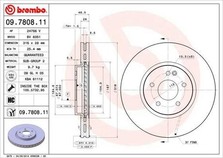 09.7808.11 BREMBO Диск тормозной передн MERCEDES-BENZ: CLK кабрио 98-02, E-CLASS универсал 96-03