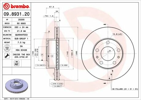 09.8931.21 BREMBO Диск тормозной передний Fiat Ducato,Peugeot Boxer 2.2HDi/2.3D/3.0HDi 06> (d=280)