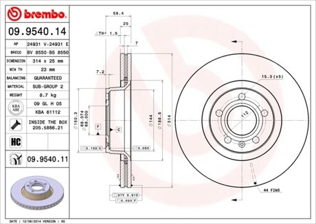 09.9540.11 BREMBO Диск тормозной передн AUDI A6 Avant (4F5) (03/05-) F / AUDI A6 (4F2) (05/04-) F