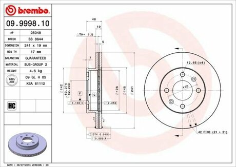 09.9998.10 BREMBO Диск тормозной передний (вент.) Hyundai Getz (TB) 09/2002-06/2009 (241x19x4)