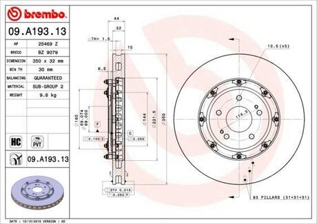 09.A193.13 BREMBO Диск тормозной передний Mitsubishi Lancer EVO X 07-15 (d=350, составной, высокоуглеродистый)
