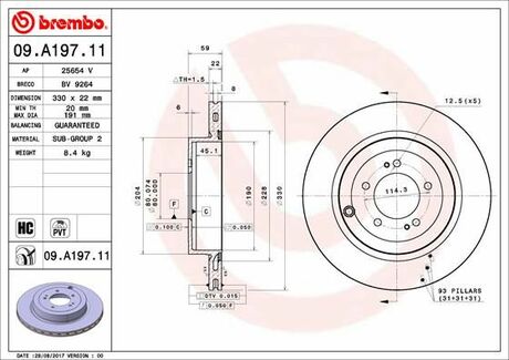 09.A197.11 BREMBO Диск тормозной задний MITSUBISHI LANCER VIII (CY_A, CZ_A) 03/07-> (d=330mm)