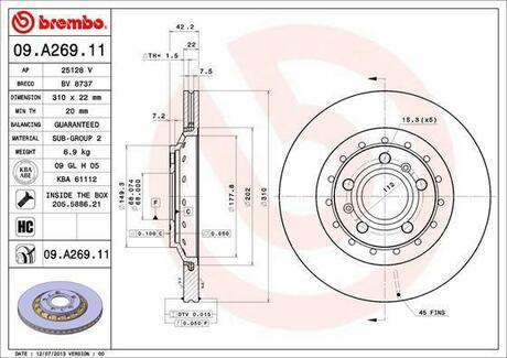 09.A269.11 BREMBO Диск тормозной задний (вент. с винтами) AUDI A8 (II) 3.0i V6 (03-6.05) (кол-во в уп. 2)