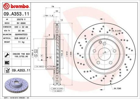 09.A353.11 BREMBO Диск тормозной MERCEDES W220 320-500/C215 500-600 (заменяет 09.7960.11)