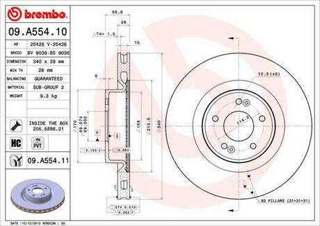 09.A554.11 BREMBO Диск тормозной передний HYUNDAI GENESIS Coupe 01/08> (заменяет 09.A554.10)