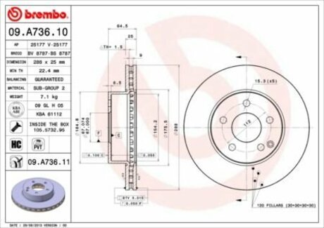 09.A736.11 BREMBO Диск тормозной передн MERCEDES-BENZ: C CLASS 07-, C CLASS T-Model 07-