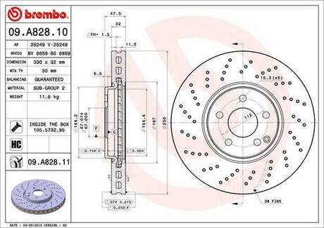 09.A828.11 BREMBO Диск тормозной передн, MERCEDES-BENZ: E-CLASS E 280 4-matic/E 280 CDI 4-matic/E 320 CDI 4-matic/E 350 4-matic/E 500 4-matic/E 500 4-matic 02-08, E-CLASS T-Model E 28
