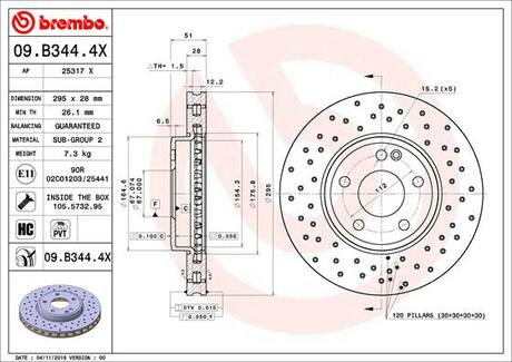 09.B344.4X BREMBO Диск тормозной передний (перф.) MERCEDES-BENZ A-CLASS (W176) 06/12> / MERCEDES-BENZ B-CLASS (W246, W242) 10/11> / MERCEDES-BENZ CLA Coupe (C117) 01/