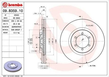 09.B359.10 BREMBO Диск тормозной HYUNDAI: TERRACAN 2.5 D/2.5 TD/2.9 CRDi 4WD/3.5 i V6 4WD 01-06