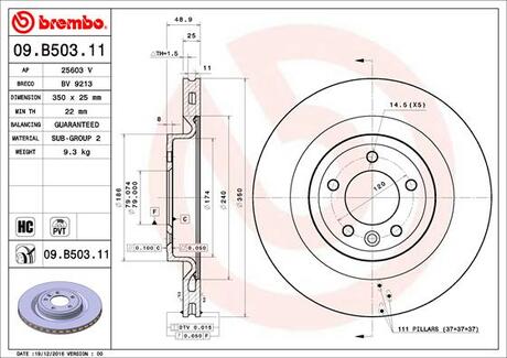 09.B503.11 BREMBO Тормозной диск задний Land Rover Range Rover Sport 2.7-5.0i/D 13> (d=350)