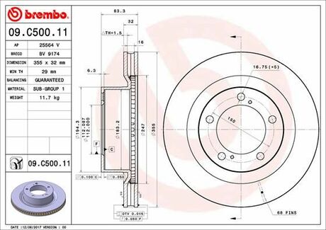 09.C500.11 BREMBO Тормозной диск передний Toyota LC 200/Sequoia/Tundra 4.5D-5.7 07> (d=355)