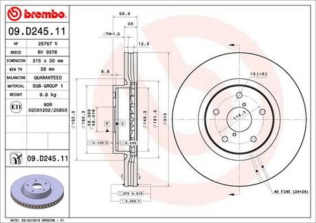 09.D245.11 BREMBO Диск тормозной передний  SUBARU LEGACY VI (BN, BS) 01/15->/SUBARU LEVORG 03/15->/SUBARU OUTBACK (BS) 10/14-> (315x56.8x30)