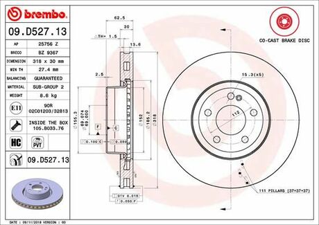09.D527.13 BREMBO Диск тормозной передний MB C W205 2.0-2.1D 14> (d=318)