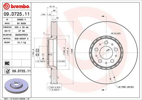 09.D725.11 BREMBO Тормозной диск передний 17" Volvo XC90 02-14