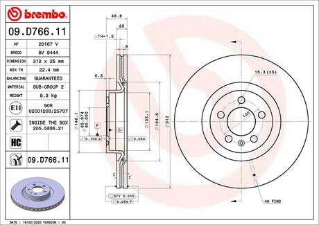 09.D766.11 BREMBO Диск тормозной передний VW POLO VI (AW1, BZ1) 06/17->