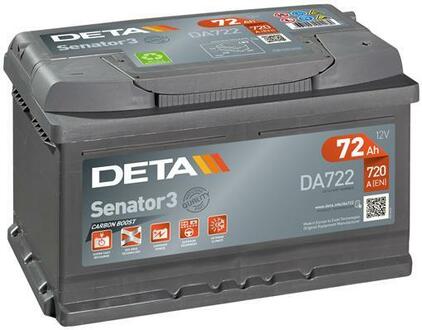 DA722 DETA Аккумуляторная батарея 72Ah DETA SENATOR3 12 V 72 AH 720 A ETN 0(R+) B13 278x175x175mm 16.6kg