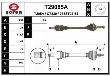 T29085A EAI T29085A_привод левый! 770mm ABS 1.0-1.4t\ Fiat Ducato, Peugeot Boxer 2.0-2.5D MG5 94>