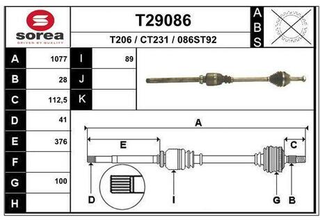 T29086 EAI T29086_привод правый! 1077mm\ Fiat Ducato, Peugeot Boxer 2.0-2.5D/TD MG5 94>