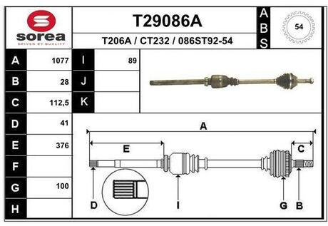 T29086A EAI T29086A_привод правый! 1077mm ABS 1.0-1.4t\ Fiat Ducato, Peugeot Boxer 2.0-2.5D MG5 94>