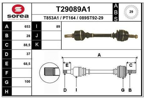 T29089A1 EAI T29089A1_привод левый! 650mm 4HP18 D29 ABS\ Peugeot 605 2.0/3.0/2.1TD ME5T 94>
