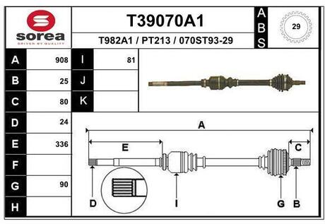 T39070A1 EAI T39070A1_привод правый! 905mm ABS\ Peugeot 406 1.6-2.0/D/TD/16V BE3(R) 95>