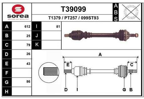 T39099 EAI T39099_привод левый! 612mm\ Peugeot 307 1.6i/2.0i/2.0HDi 01>