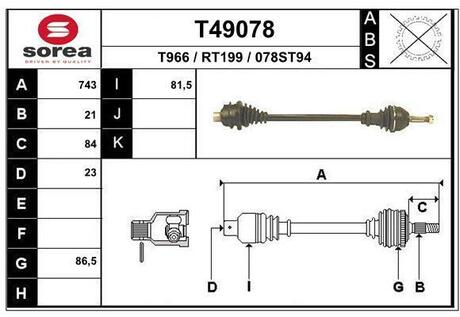 T49078 EAI T49078_привод правый! 743mm\ Renault Twingo 1.2 JB0/1 93-01