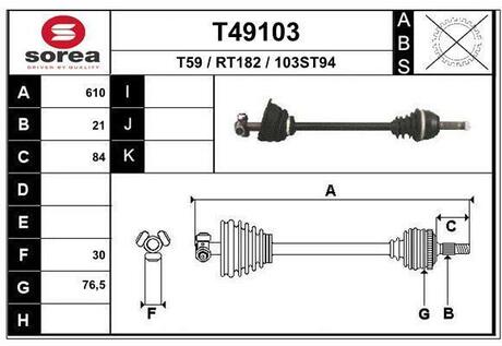 T49103 EAI T49103_привод левый! 611mm\ Renault Clio I 1.1-1.9 JB0/1/3 MB1 90-98