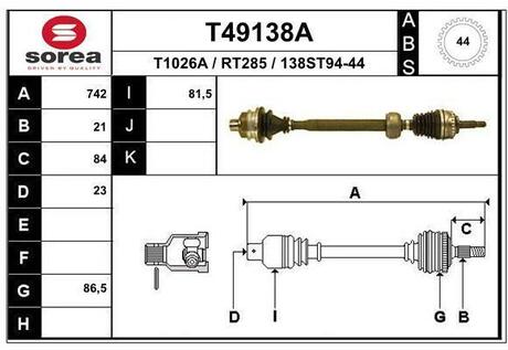 T49138A EAI T49138A_привод правый! 745mm ABS\ Renault Megane/Scenic 1.4-2.0 JB1/3 JC5 95>