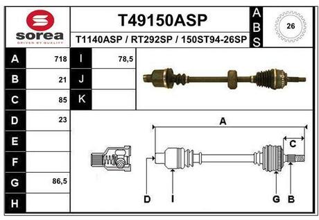T49150ASP EAI T49150ASP_привод правый! 718мм ABS-26th\ Renault Clio/Thalia 1.1-1.6i 98>