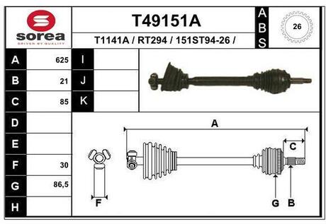 T49151A EAI T49151A_привод левый! 625mm ABS\ Renault Kangoo 1.9D JB1/3 97>
