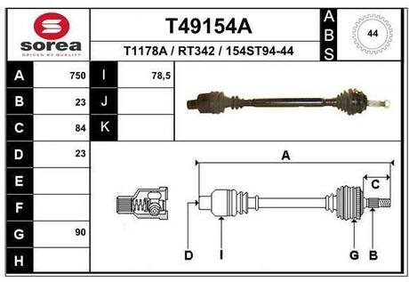 T49154A EAI T49154A_привод правый! 750мм ABS-44th\ Renault Megane I 1.9d-2.0 96-03