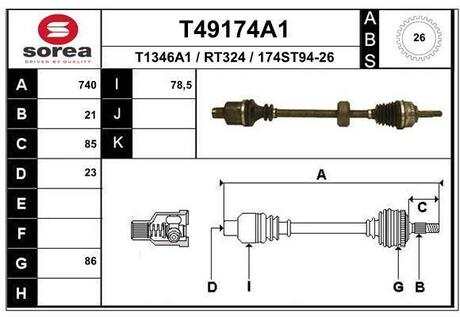 T49174A1 EAI T49174A1_привод правый! 740mm ABS\ Renault Clio II 1.4-1.6 E7J/K7M 98>