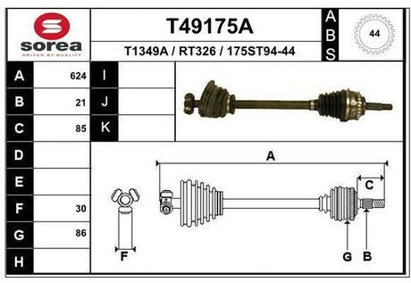 T49175A EAI T49175A_привод левый! 624mm ABS\ Renault Twingo 1.2i 93>