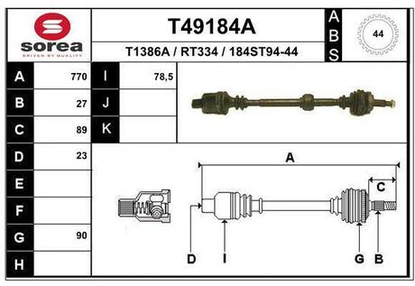 T49184A EAI T49184A_привод правый! 770mm ABS\ Renault Espace 2.0/2.0 16V 97-00