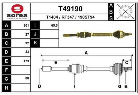 T49190 EAI T49190_привод правый! 801mm w/o ABS\ Renault Laguna II 1.8-2.0 01-05