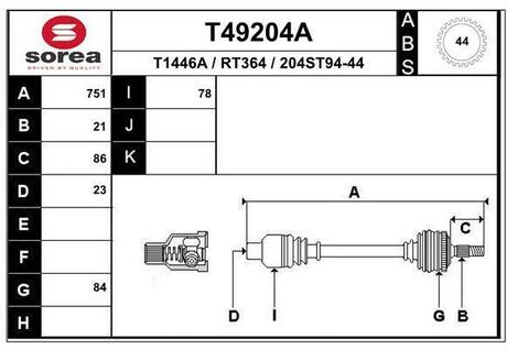 T49204A EAI T49204A_привод правый! 751mm ABS\ Renault Megane 1.6i/1.9D 99-02