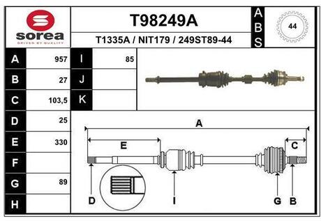 T98249A EAI T98249A_привод правый! 957mm ABS\ Nissan Primera 2.0D 96>