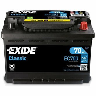 EC700 EXIDE Аккумулятор EXIDE CLASSIC 12V 70AH 640A ETN 0(R+) B13 278x175x190mm 18.29kg