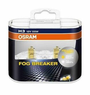 62151FBR-HCB OSRAM Комплект галогенных ламп 2шт H3 12V 55W PK22s FOG BREAKER (Для плохих погодных условий, на 60% больше света на дороге, на 20м длиннее световой конус, желтый свет 2600K)