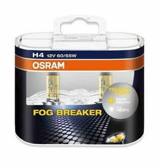 62193FBR-HCB OSRAM Комплект галогенных ламп 2шт H4 12V 60/55W P43t FOG BREAKER (Для плохих погодных условий, на 60% больше света на дороге, на 20м длиннее световой конус, желтый свет 2600K)