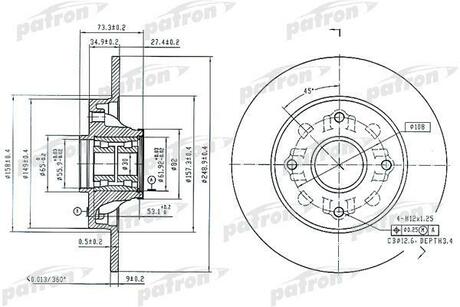 PBD7014 PATRON Диск тормозной задн c подшипником и магнитным кольцом сенсора ABS (1 шт.) CITROEN: C4 04-, PEUGEOT 308 07-
