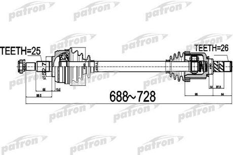 PDS0529 PATRON Полуось передний мост слева 25x688x52,7x26 RENAULT FLUENCE (L30) 1.5 DCI (L30A) 10-