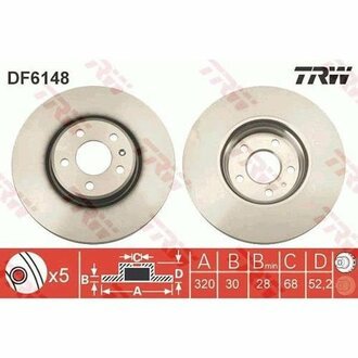 DF6148 TRW Диск тормозной AUDI: A4 1.8 TFSI/1.8 TFSI quattro/2.0 TDI/2.0 TDI quattro/2.0 TFSI/2.0 TFSI flexible fuel/2.0 TFSI flexible fuel quattro/2.0 TFSI quattro/2.7 TDI/3.0